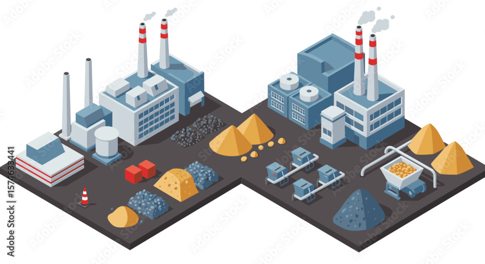 Isometric industrial plant with factories and machinery in detailed urban design Isometric industrial plant with factories and machinery in detailed urban design