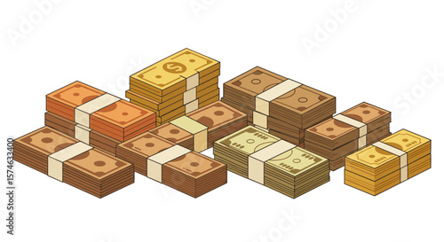 Stacks of bills: colorful isometric currency bundles for finance and business concepts