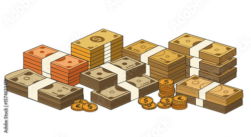 Stacks of cash and coins in isometric design featuring various currency units