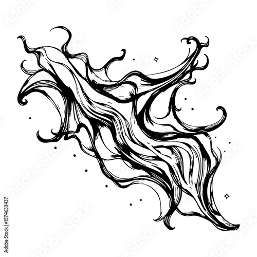 Hand drawn ink illustration of an abstract flowing organic shape with swirling lines and scattered speckles