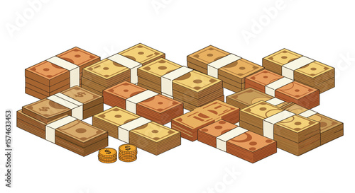 Isometric stacks of cash and coins on white background