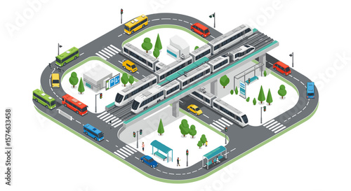 Isometric city transport hub with trains and buses in urban setting