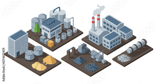 Industrial complex with factories and warehouses in isometric style