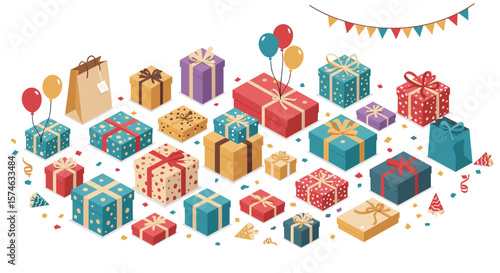 Colorful isometric gift boxes and party decorations with balloons and confetti