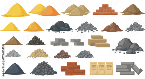 Construction materials collection: sand, gravel, bricks, and cement variants