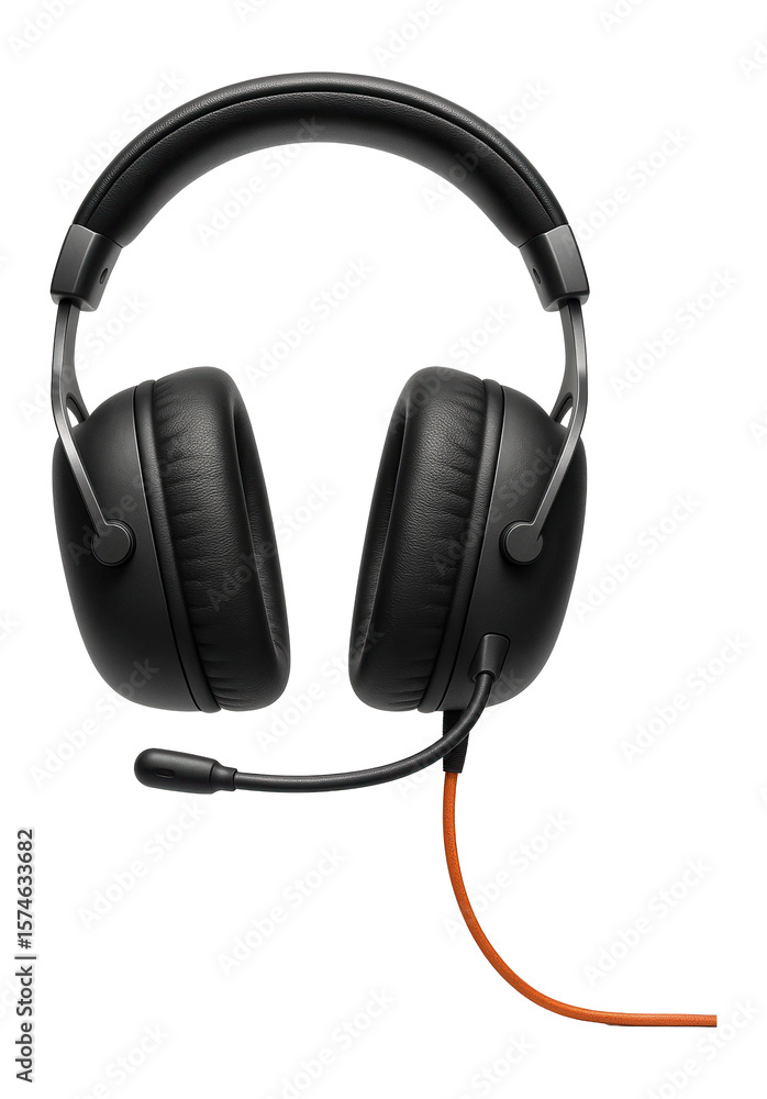 Over-ear wired headset with large cushioned ear cups and a retractable boom microphone Over-ear wired headset with large cushioned ear cups and a retractable boom microphone