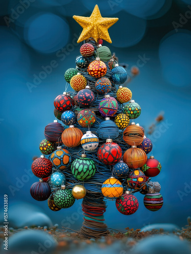 Modern rustic abstract Christmas Tree with baubles and patterns