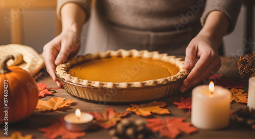 A person holds a pumpkin pie, surrounded by autumnal decorations and candles, for a Thanksgiving or fall celebration.
