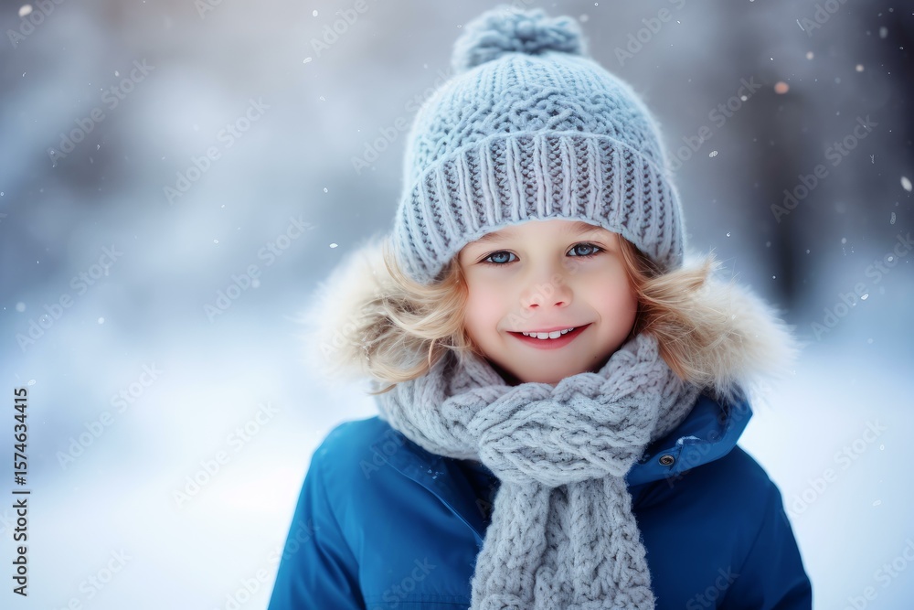 Happy child wearing winter clothes smiling under the snowfall Happy child wearing winter clothes smiling under the snowfall