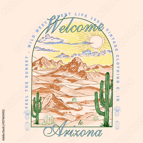 Hand drawing vector desert  graphics. Feel The Sunset Vibes slogan. painting vibes arizona desert t shirt design. cactus tree, sun, skye, mountain, mixd illustration. summer t shirt design. (1)