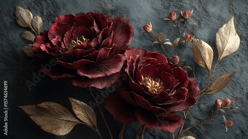 Fototapeta Naklejka Na Ścianę i Meble -  Luxurious deep red peonies adorned with gilded leaves on a textured dark background