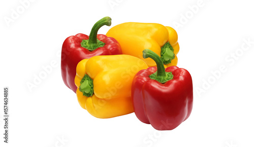 Bulgarian Red and Yellow Bell Peppers Isolated on Transparent Background. Fresh Bell Peppers Vegetable Mix. Diet, Vegetarian, Vegan, Tasty, Top View, Healthy Eating, Vitamin, Paprika, Sweet, Fresh