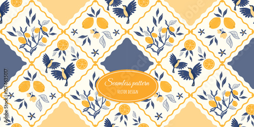 Seamless modern pattern in Italian style, trendy wallpaper with juicy lemons and birds in yellow and blue. Vector design.