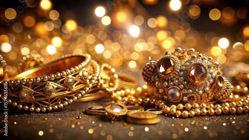 Golden jewelry pieces scattered on a dark and luxurious velvet background with intricate gold bokeh effects