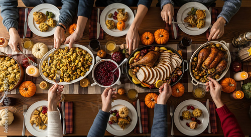 Overhead shot of a Thanksgiving table with people serving themselves food from platters.