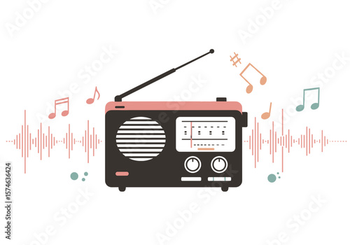 Vintage radio with music notes and sound waves in pastel colors  