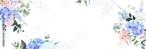 Bridgerton inspired pastel floral vector design banner. Blue delphinium, white peony, coral rose, magnolia, hyacinth, hydrangea, greenery and plants. All flowers and branches are isolated and movable.