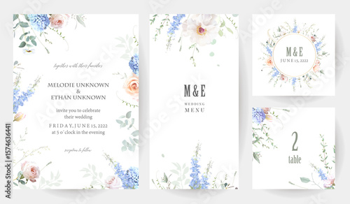 Bridgerton inspired pastel floral vector design frames. Blue delphinium, white peony, coral rose, magnolia, hyacinth, hydrangea, greenery and plants. All flowers and branches are isolated and movable.