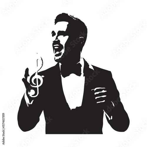 Stylish man in tuxedo singing opera with a treble clef symbol in his hand
