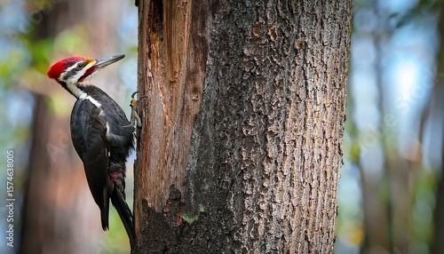 pileated woodpecker drilling into tree bark majestic bird in natural habitat