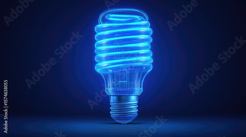 Futuristic blue wireframe spiral light bulb on dark background