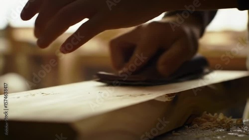 Carpenter's Hands Sanding Wood in Workshop