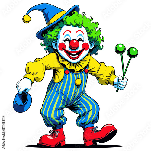 Vector Happy cartoon clown wearing blue overalls and yellow jacket holding juggling balls