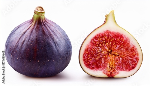 two ripe figs one whole and one cut isolated on white background