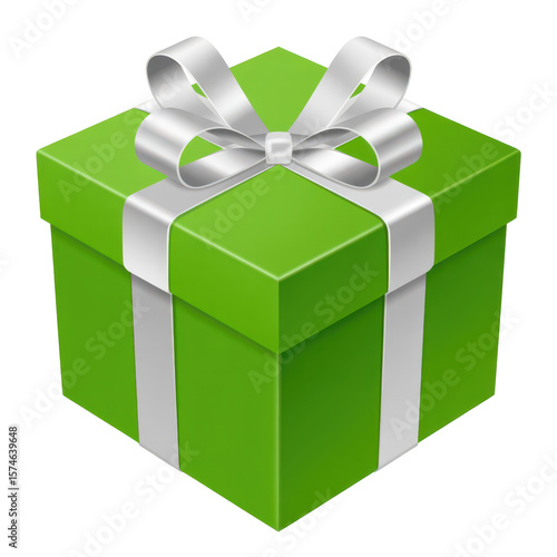 PNG green gift box, silver ribbon, shiny metallic, realistic, 3d render, high quality, detailed
