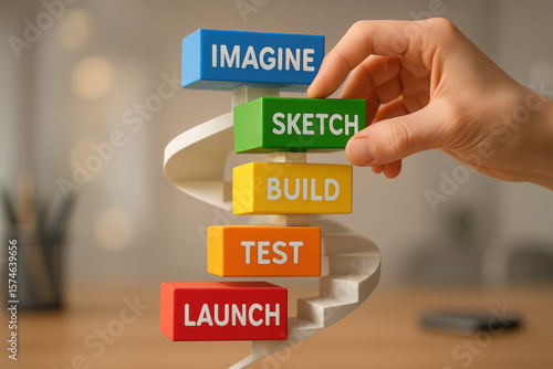 Strategic creativity and innovation drive progress as conceptual ideas evolve into tangible products through focused development stages