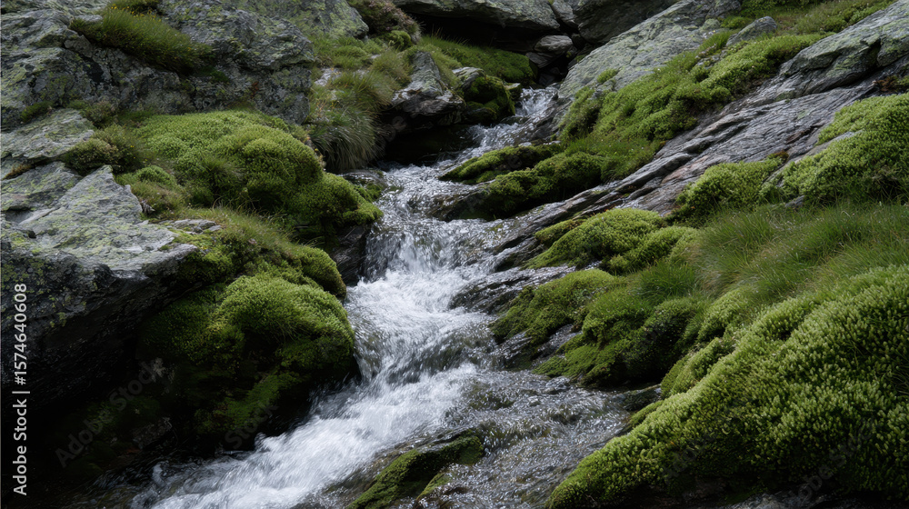 Cascading alpine stream flows through lush moss covered rocks Cascading alpine stream flows through lush moss covered rocks