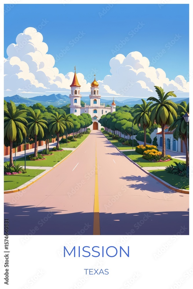 Obraz premium Mission Texas United states Travel Poster Illustration Print Decor Gift Canvas Wall Art Gift
