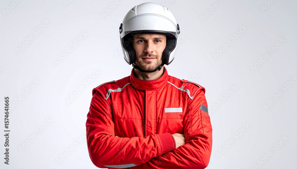 Obraz premium Confident man in red racing suit and white helmet posing with arms crossed