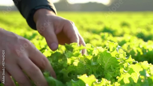 Farmer Inspecting Fresh Lettuce at Sunrise