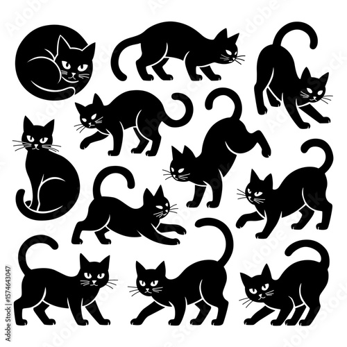 Cat Silhouettes Set, Black Cat Bundle, Halloween Cat Set, Circuit Cutout Designs, SVG file, Cat Collection