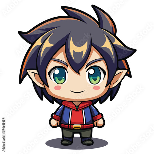 Cute anime boy with dark hair, large eyes, and elf ears, wearing a jacket and pants