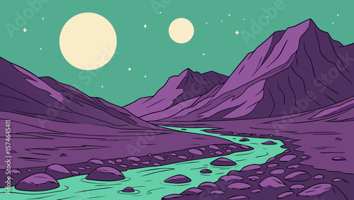 Bioglowing purple mountain hills on alien planet, floating crystalline rocks, double moons in teal sky, neon river valleys, sci-fi concept art, digital painting