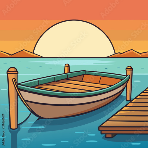 Cartoon boat moored at dock during sunset over tranquil water  