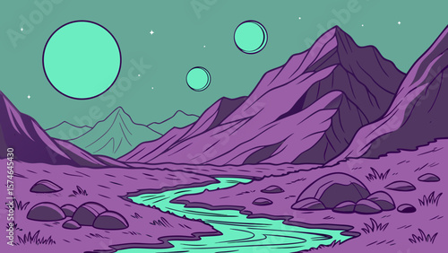 Bioglowing purple mountain hills on alien planet, floating crystalline rocks, double moons in teal sky, neon river valleys, sci-fi concept art, digital painting