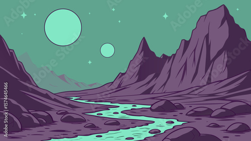Bioglowing purple mountain hills on alien planet, floating crystalline rocks, double moons in teal sky, neon river valleys, sci-fi concept art, digital painting
