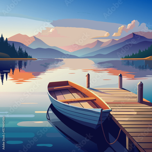 Tranquil lake with wooden dock and boat under colorful sunset  