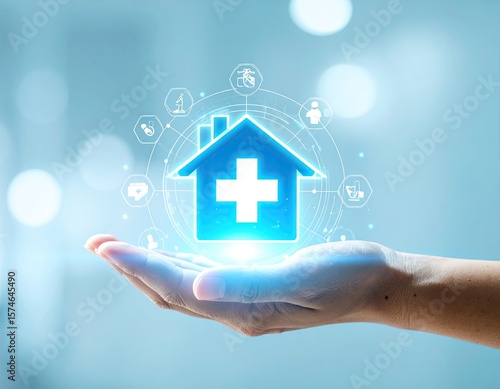 Hand holding a digital house with a plus sign