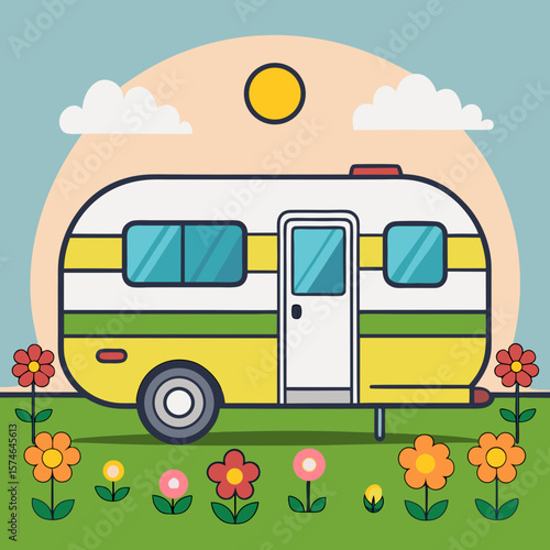 Vintage camper trailer parked in a field with flowers and sun  