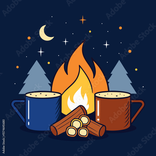Cozy mugs by a campfire under a starlit night sky  
