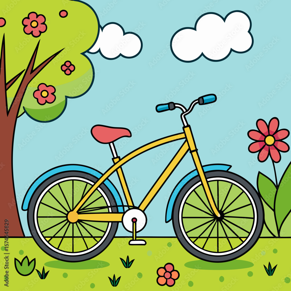 Fototapeta premium Vintage yellow bicycle parked in colorful garden with flowers 