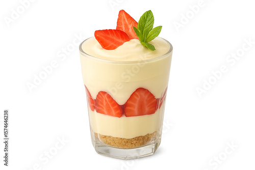 Glass cup with layered strawberry dessert — biscuit crumbs, creamy custard, and fresh strawberries, topped with mint. Isolated on transparent background. Refreshing and elegant.