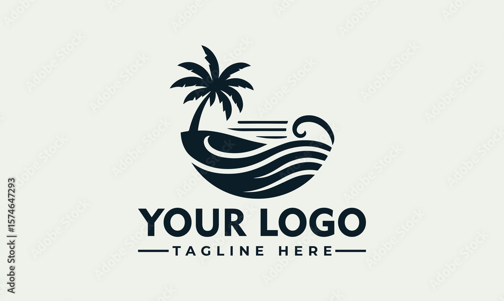 Fototapeta premium A stylized black and white logo depicting a tropical beach scene.