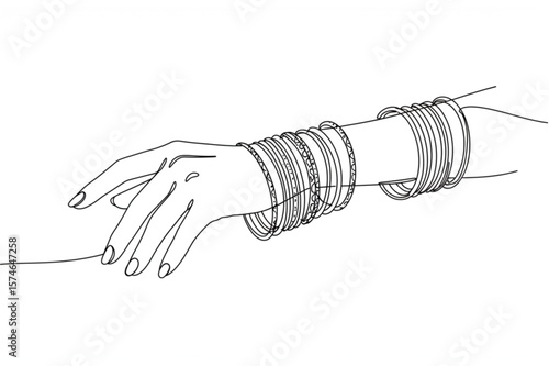 Elegant outline graphic of a hand adorned with beautiful traditional bracelets, perfect for minimalistic fashion designs and cultural projects.