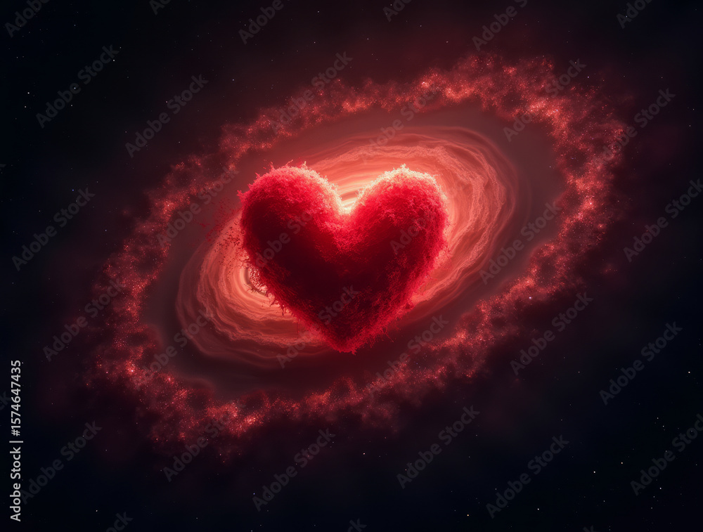 Red Heart at the Center of a Swirling Spiral Galaxy Made of Faint Red and Pink Stars Red Heart at the Center of a Swirling Spiral Galaxy Made of Faint Red and Pink Stars