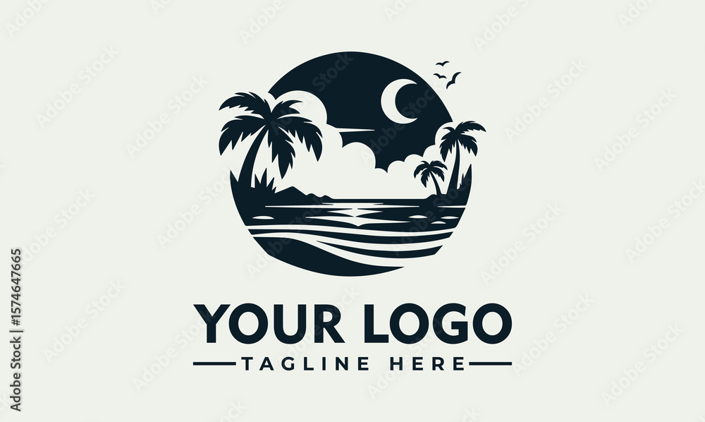 Fototapeta premium A stylized black and white logo depicting a tropical beach scene at night.